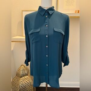 Loft Women's Teal Button-Front Blouse with Chest Pockets